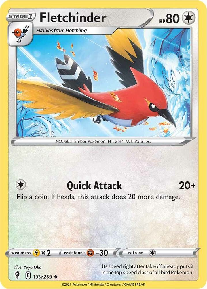 Fletchinder 139/203 card from SWSH07: Evolving Skies