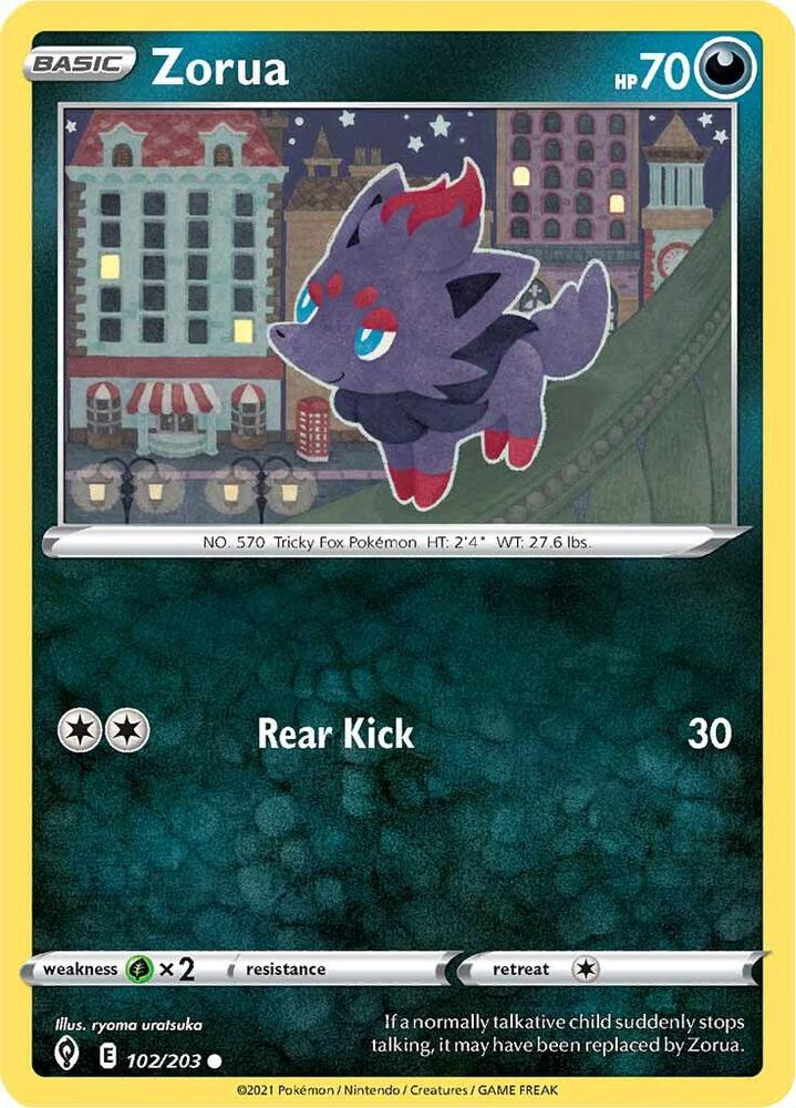 Zorua 102/203 card from SWSH07: Evolving Skies