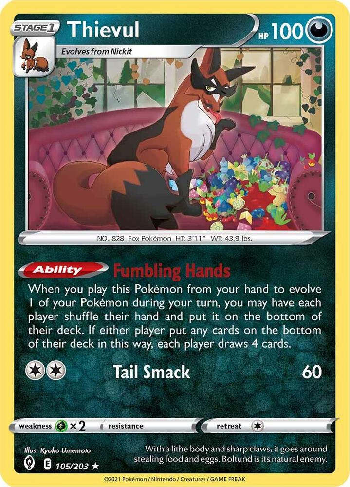 Thievul 105/203 card from SWSH07: Evolving Skies