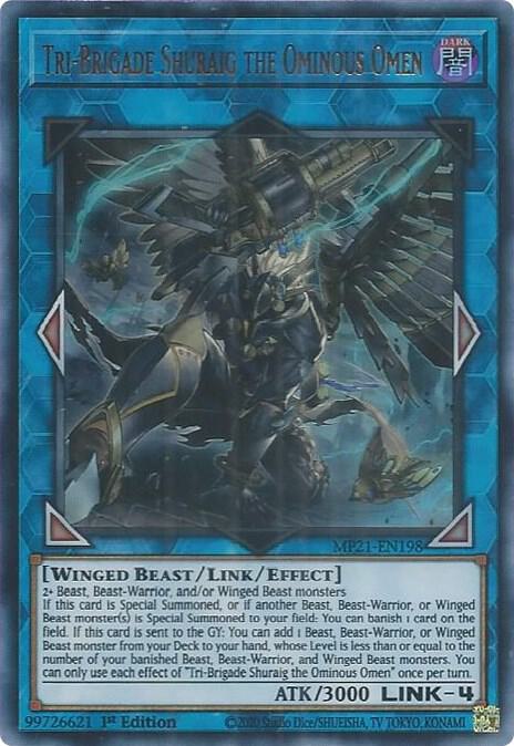 Tri-Brigade Shuraig the Ominous Omen MP21-EN198 card from 2021 Tin of Ancient Battles