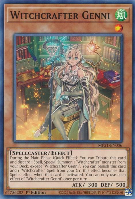 Witchcrafter Genni MP21-EN006 card from 2021 Tin of Ancient Battles