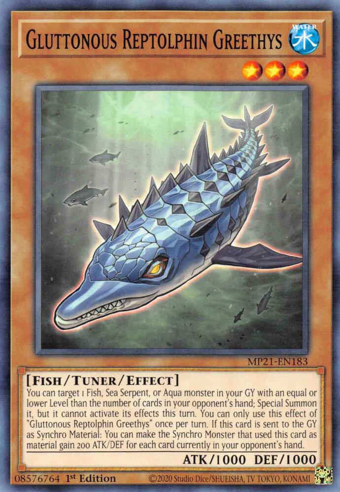 Gluttonous Reptolphin Greethys MP21-EN183 card from 2021 Tin of Ancient Battles