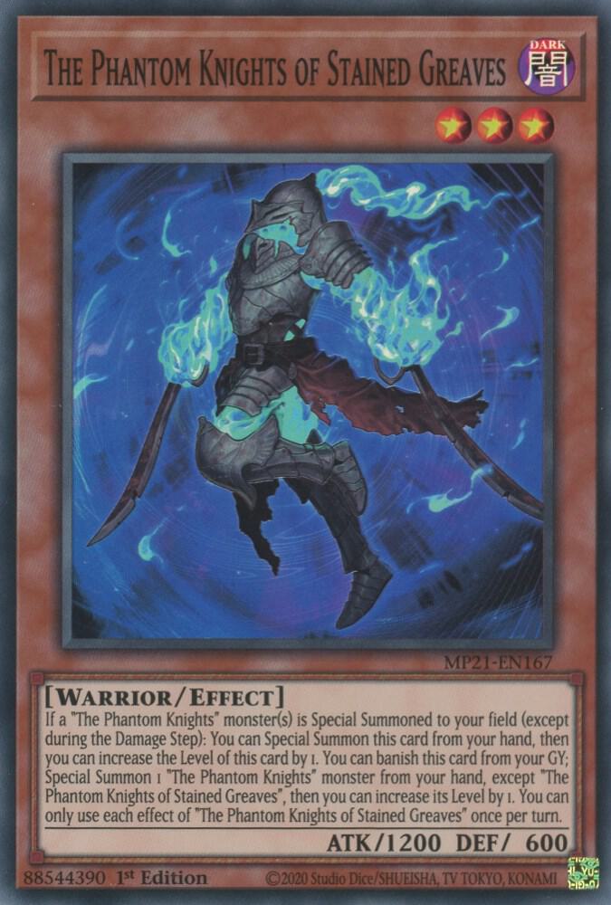The Phantom Knights of Stained Greaves MP21-EN167 card from 2021 Tin of Ancient Battles