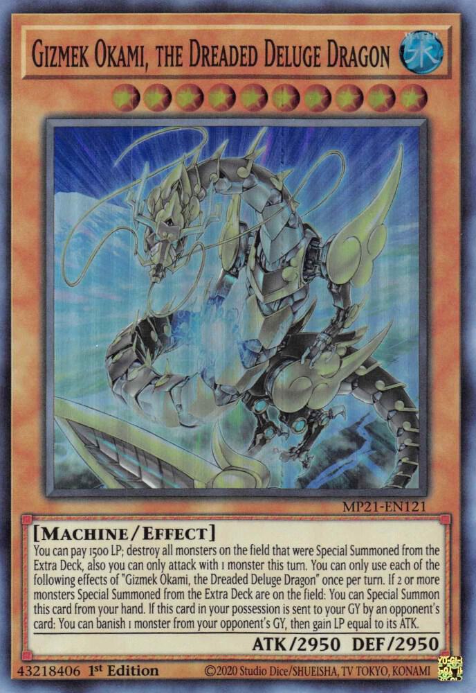 Gizmek Okami, the Dreaded Deluge Dragon MP21-EN121 card from 2021 Tin of Ancient Battles