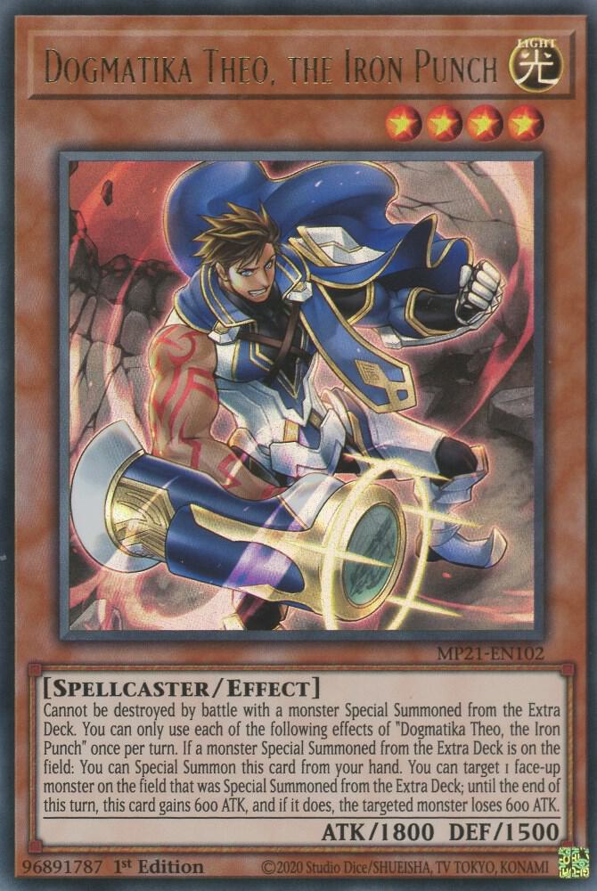 Dogmatika Theo, the Iron Punch MP21-EN102 card from 2021 Tin of Ancient Battles