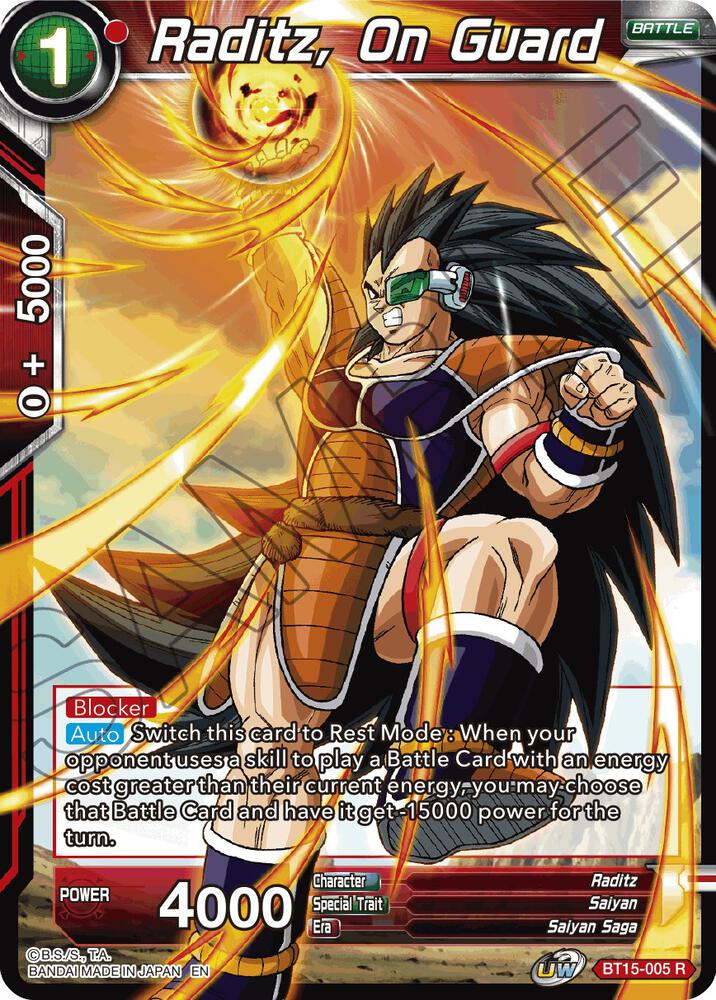 Raditz, On Guard BT15-005 card from Saiyan Showdown