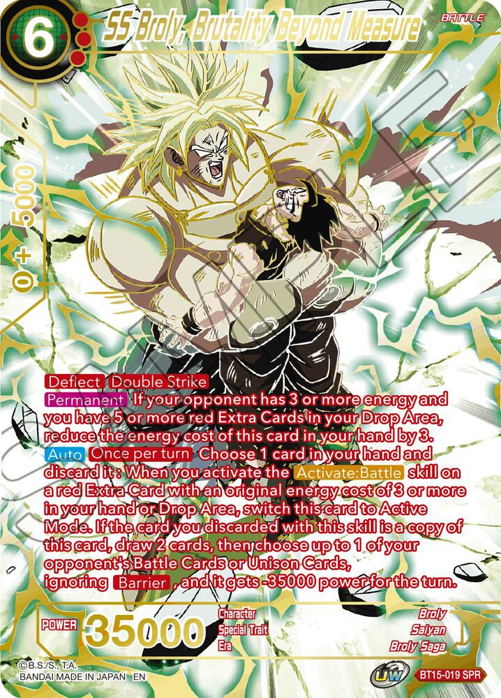 SS Broly, Brutality Beyond Measure (SPR) BT15-019 card from Saiyan Showdown