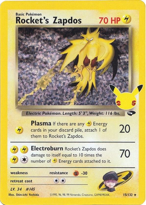 Rocket's Zapdos 15/132 card from Celebrations: Classic Collection