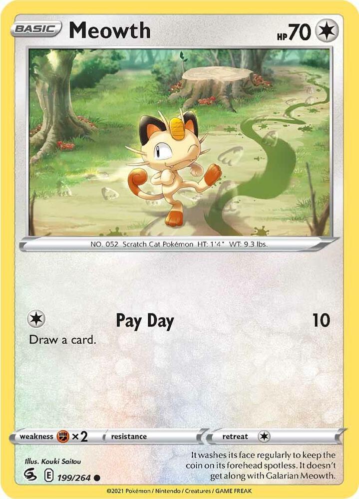 Meowth 199/264 card from SWSH08: Fusion Strike