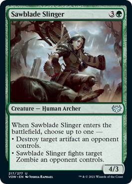 Sawblade Slinger 217 card from Innistrad: Crimson Vow