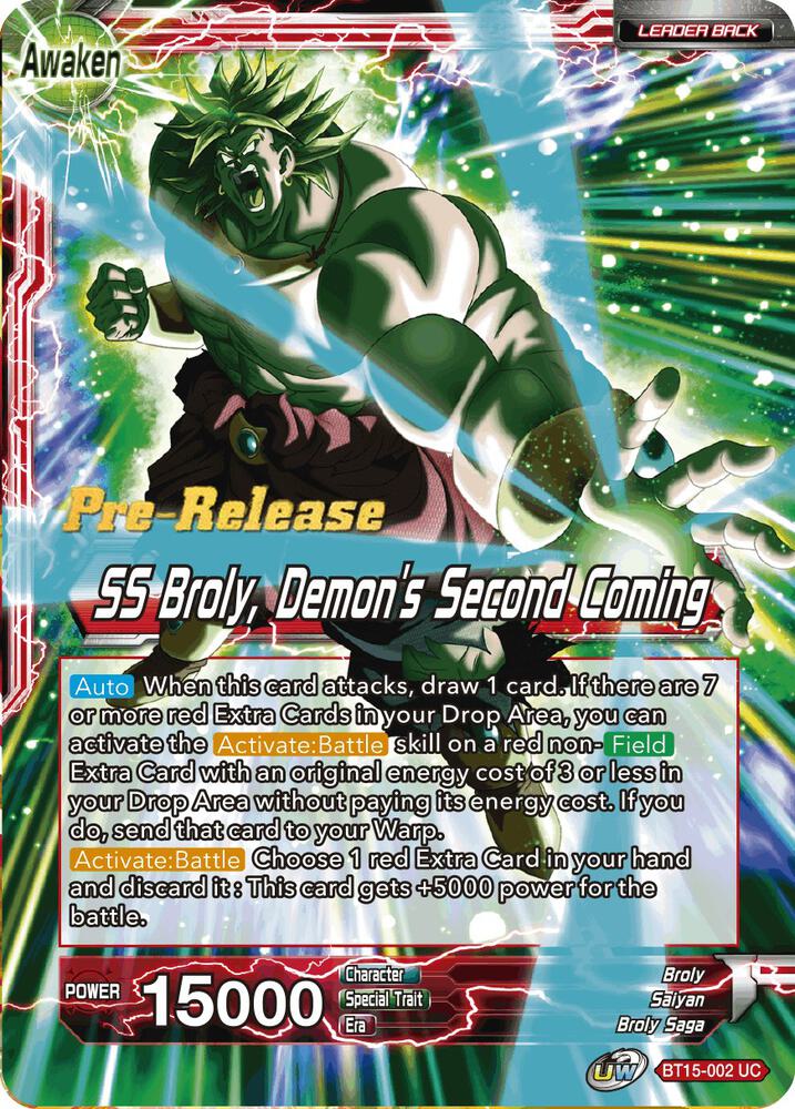 Broly // SS Broly, Demon's Second Coming BT15-002 card from Saiyan Showdown Pre-Release Cards