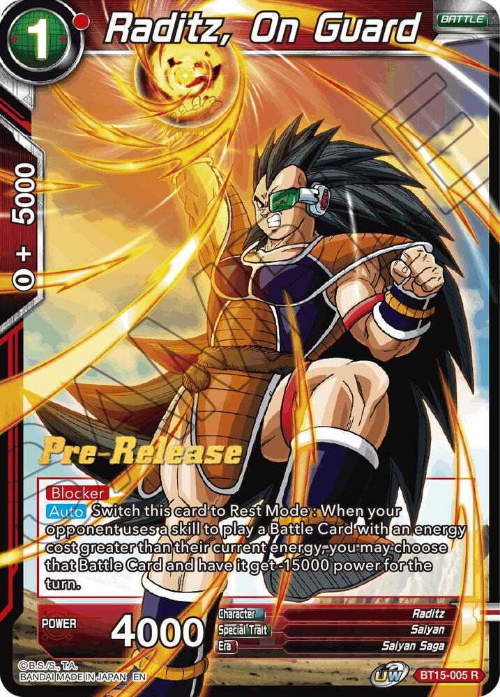 Raditz, On Guard BT15-005 card from Saiyan Showdown Pre-Release Cards
