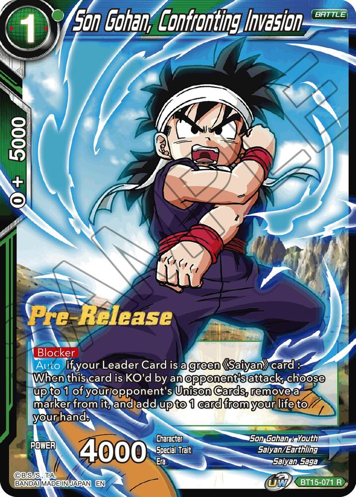 Son Gohan, Confronting Invasion BT15-071 card from Saiyan Showdown Pre-Release Cards