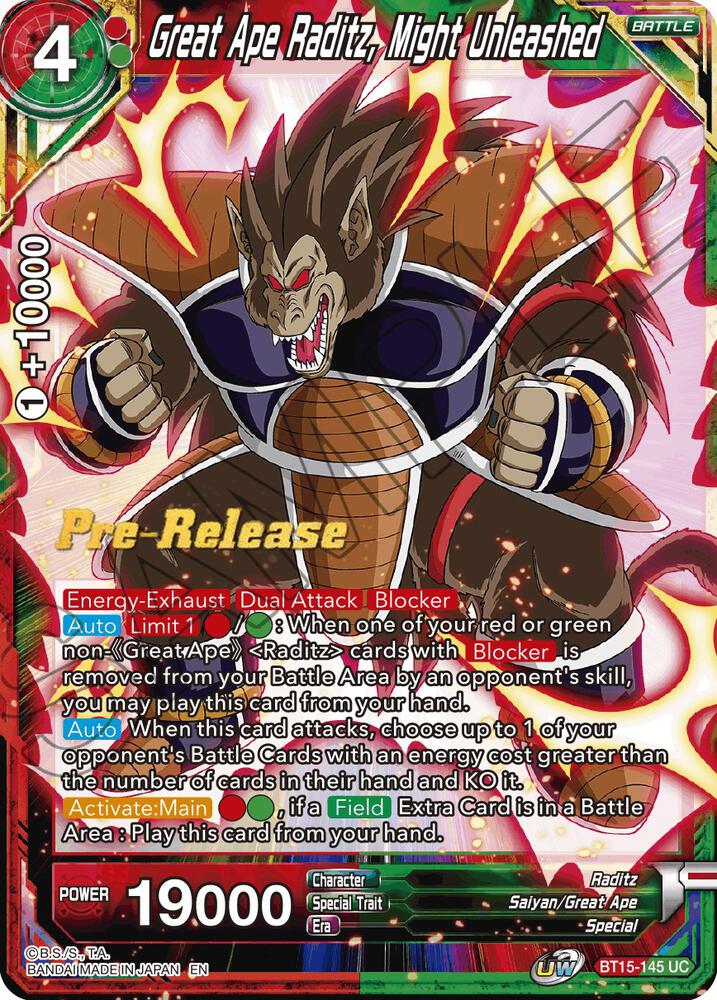Great Ape Raditz, Might Unleashed BT15-145 card from Saiyan Showdown Pre-Release Cards