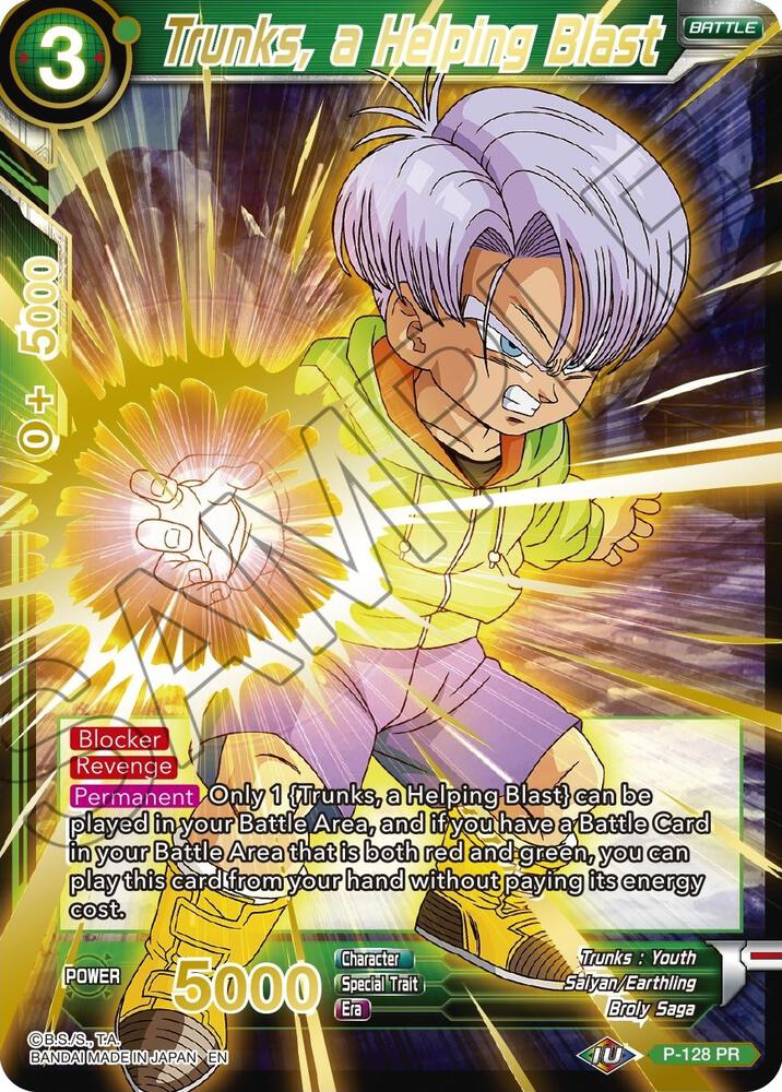 Trunks, a Helping Blast (Gold Stamped) P-128 card from Mythic Booster