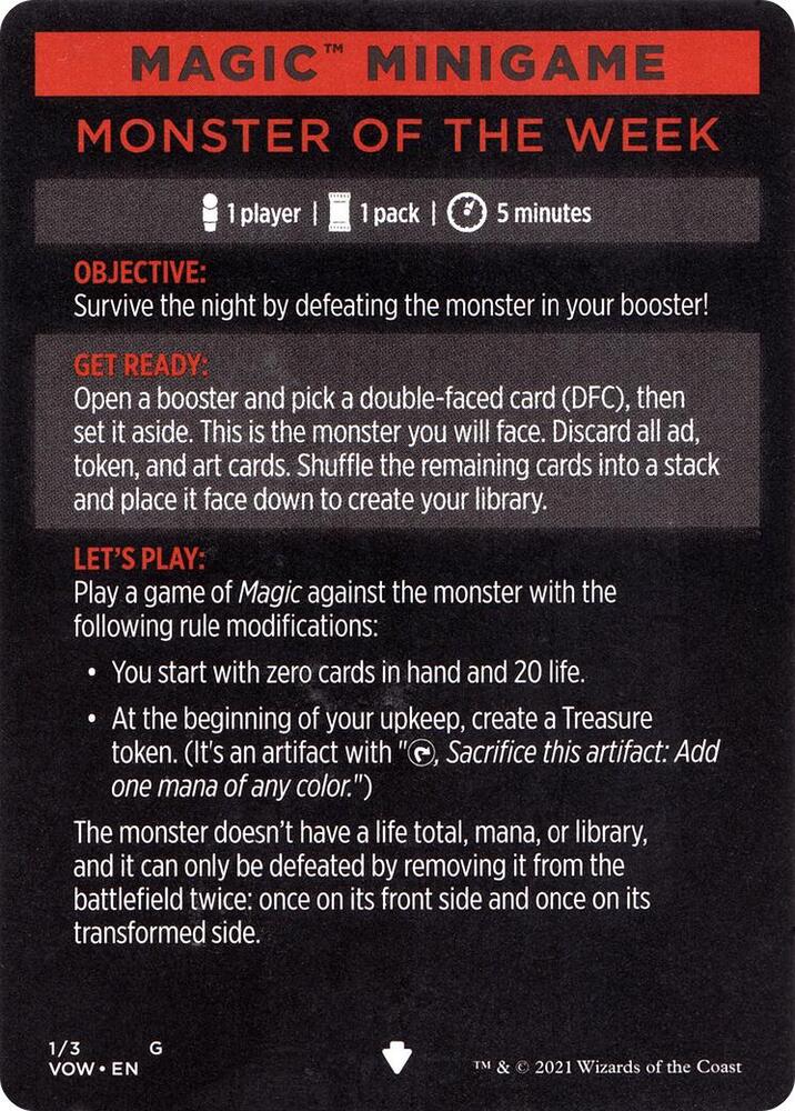 Magic Minigame: Monster of The Week 1 card from Innistrad: Crimson Vow