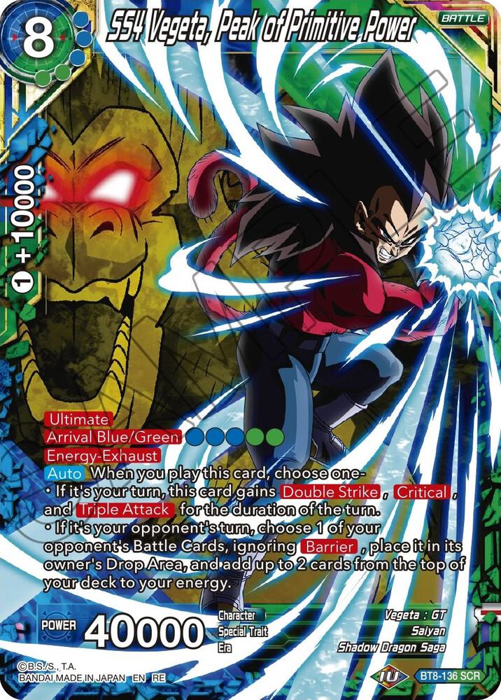 SS4 Vegeta, Peak of Primitive Power BT8-136 card from Mythic Booster