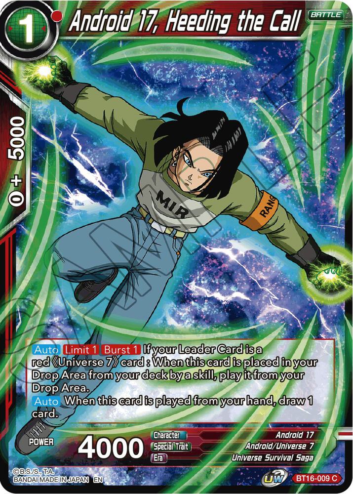 Android 17, Heeding the Call BT16-009 card from Realm of the Gods