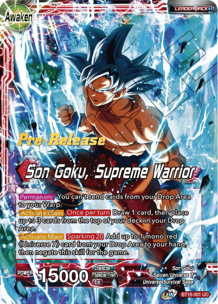 Son Goku // Son Goku, Supreme Warrior BT16-001 card from Realm of the Gods Pre-Release Cards