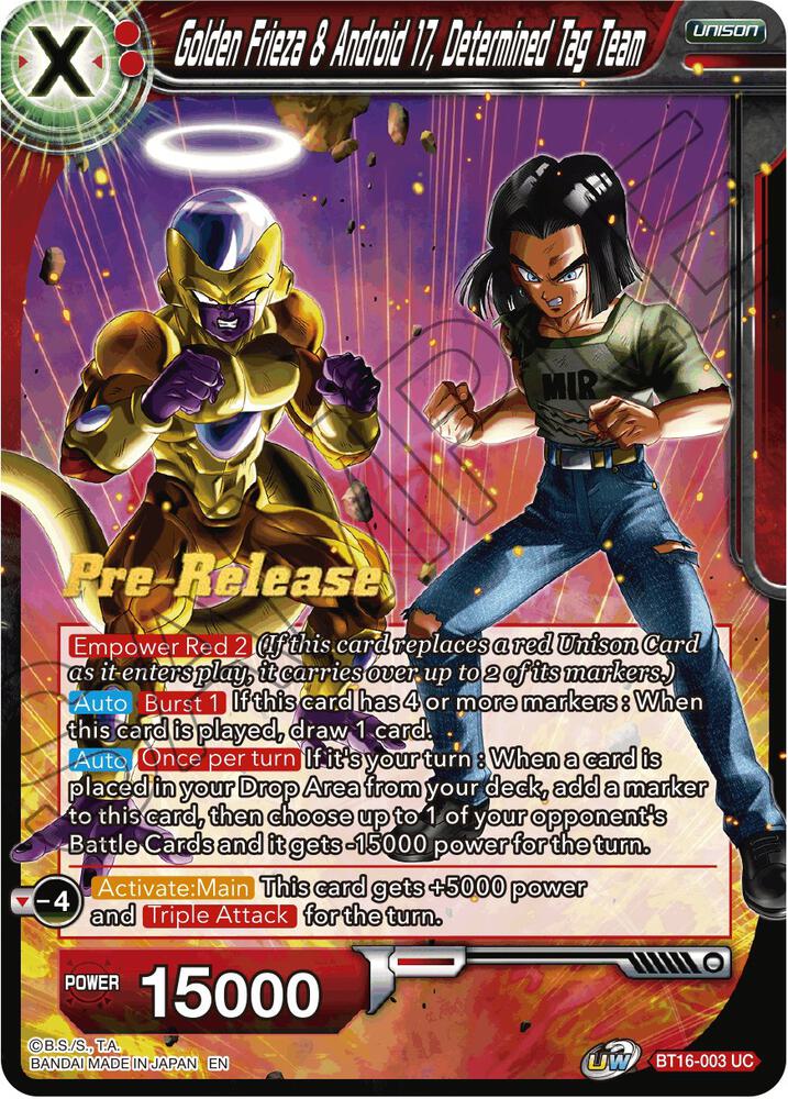 Golden Frieza & Android 17, Determined Tag Team BT16-003 card from Realm of the Gods Pre-Release Cards