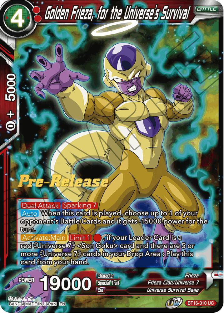 Golden Frieza, for the Universe's Survival BT16-010 card from Realm of the Gods Pre-Release Cards