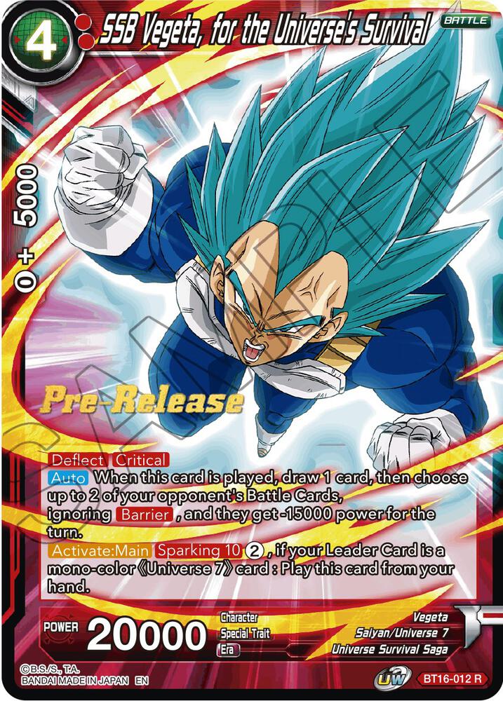 SSB Vegeta, for the Universe's Survival BT16-012 card from Realm of the Gods Pre-Release Cards