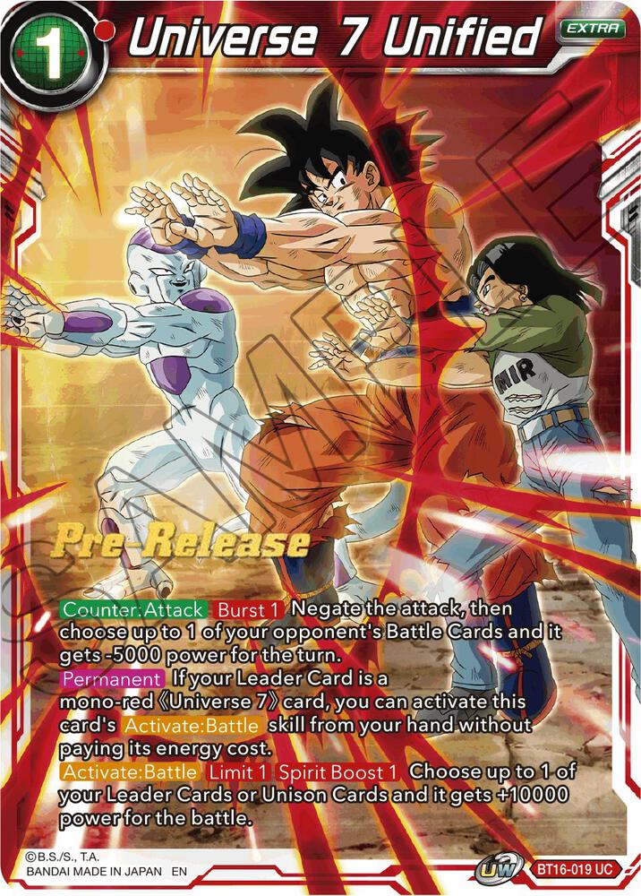 Universe 7 Unified BT16-019 card from Realm of the Gods Pre-Release Cards
