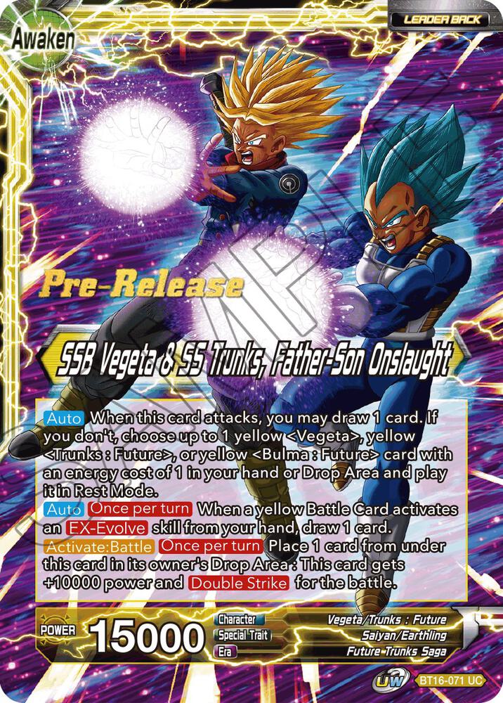 Trunks // SSB Vegeta & SS Trunks, Father-Son Onslaught BT16-071 card from Realm of the Gods Pre-Release Cards
