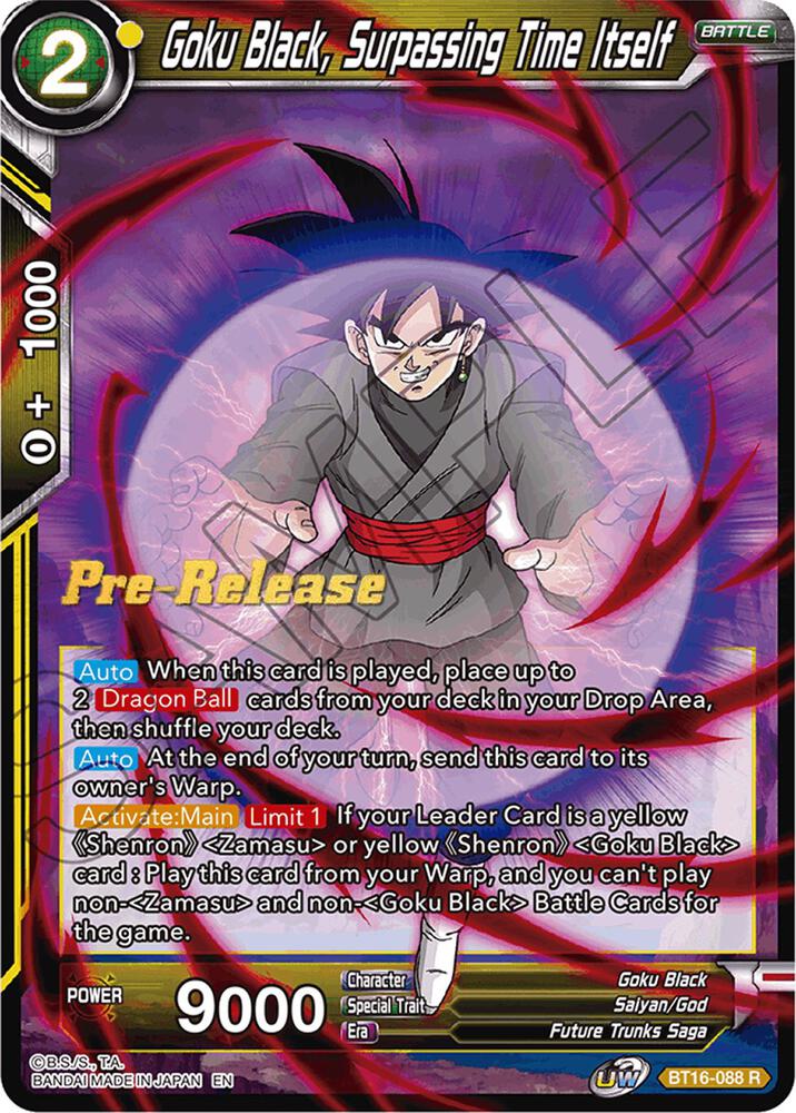 Goku Black, Surpassing Time itself BT16-088 card from Realm of the Gods Pre-Release Cards