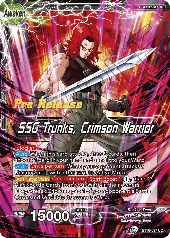 Trunks // SSG Trunks, Crimson Warrior BT16-097 card from Realm of the Gods Pre-Release Cards