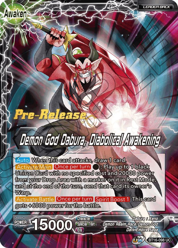 Dabura // Demon God Dabura, Diabolical Awakening BT16-098 card from Realm of the Gods Pre-Release Cards