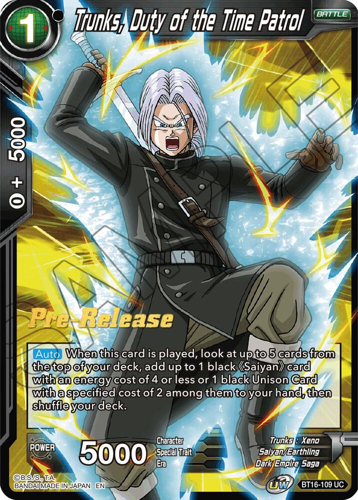 Trunks, Duty of the Time Patrol BT16-109 card from Realm of the Gods Pre-Release Cards