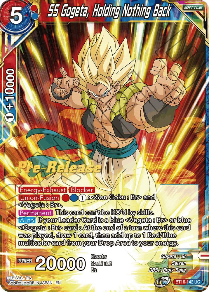 SS Gogeta, Holding Nothing Back BT16-142 card from Realm of the Gods Pre-Release Cards