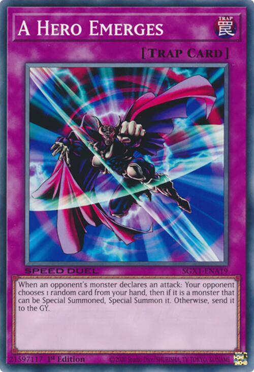 A Hero Emerges SGX1-ENA19 card from Speed Duel GX: Duel Academy Box