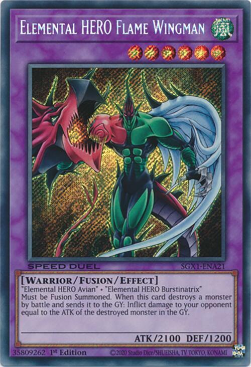 Elemental HERO Flame Wingman (Secret Rare) SGX1-ENA21 card from Speed Duel GX: Duel Academy Box