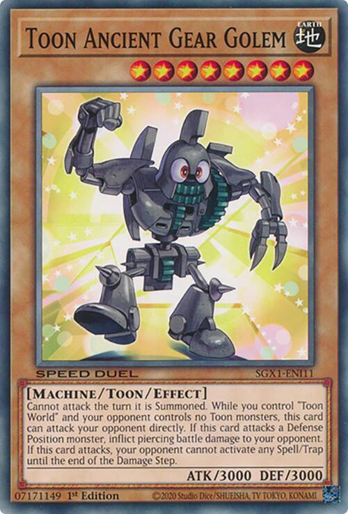 Toon Ancient Gear Golem SGX1-ENI11 card from Speed Duel GX: Duel Academy Box