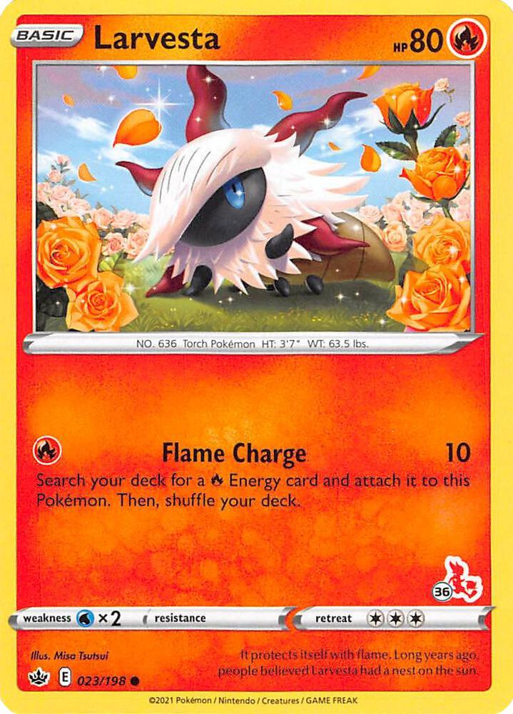 Larvesta (#36 Cinderace Stamped) 023/198 card from Battle Academy 2022