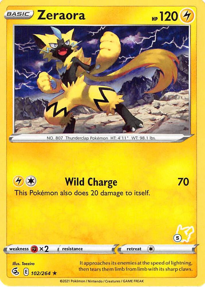 Zeraora (#5 Pikachu Stamped) 102/264 card from Battle Academy 2022