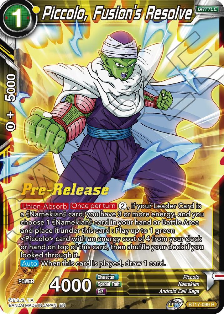 Piccolo, Fusion's Resolve BT17-099 card from Ultimate Squad Pre-Release Cards