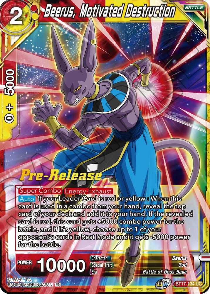 Beerus, Motivated Destruction BT17-134 card from Ultimate Squad Pre-Release Cards