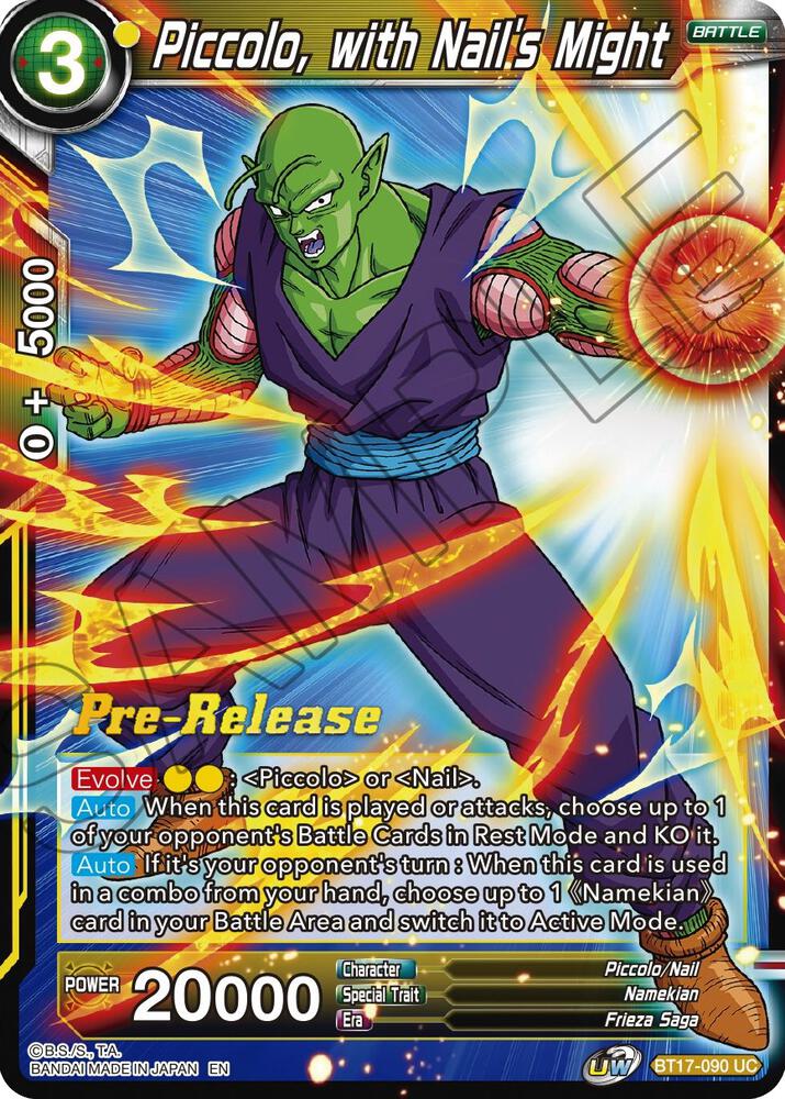 Piccolo, with Nail's Might BT17-090 card from Ultimate Squad Pre-Release Cards