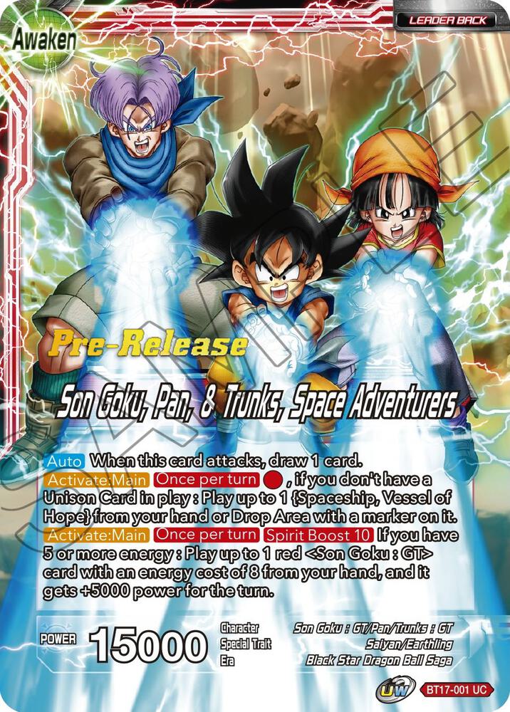 Son Goku // Son Goku, Pan, & Trunks, Space Adventurers BT17-001 card from Ultimate Squad Pre-Release Cards