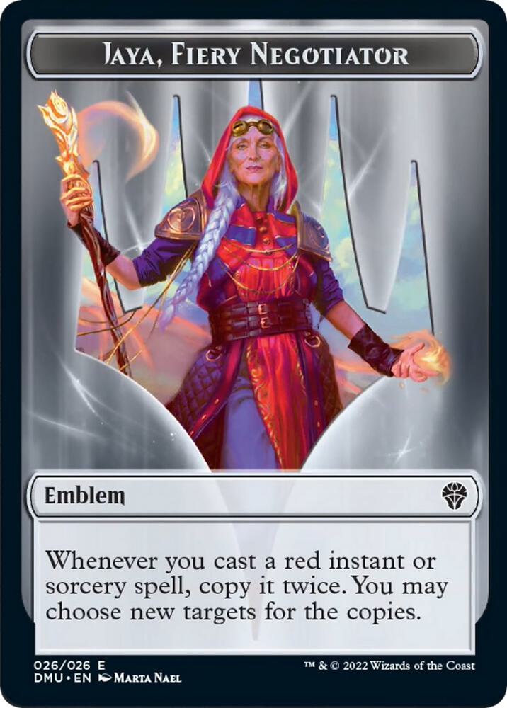 Emblem - Jaya, Fiery Negotiator 26 card from Dominaria United