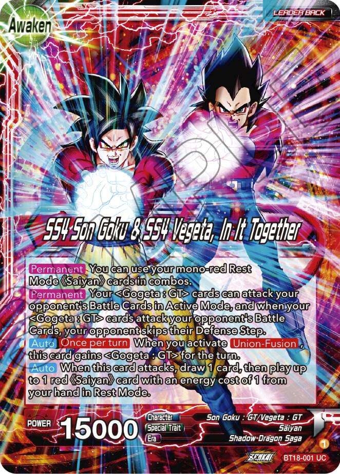 Son Goku & Vegeta // SS4 Son Goku & SS4 Vegeta, In It Together BT18-001 card from Dawn of the Z-Legends