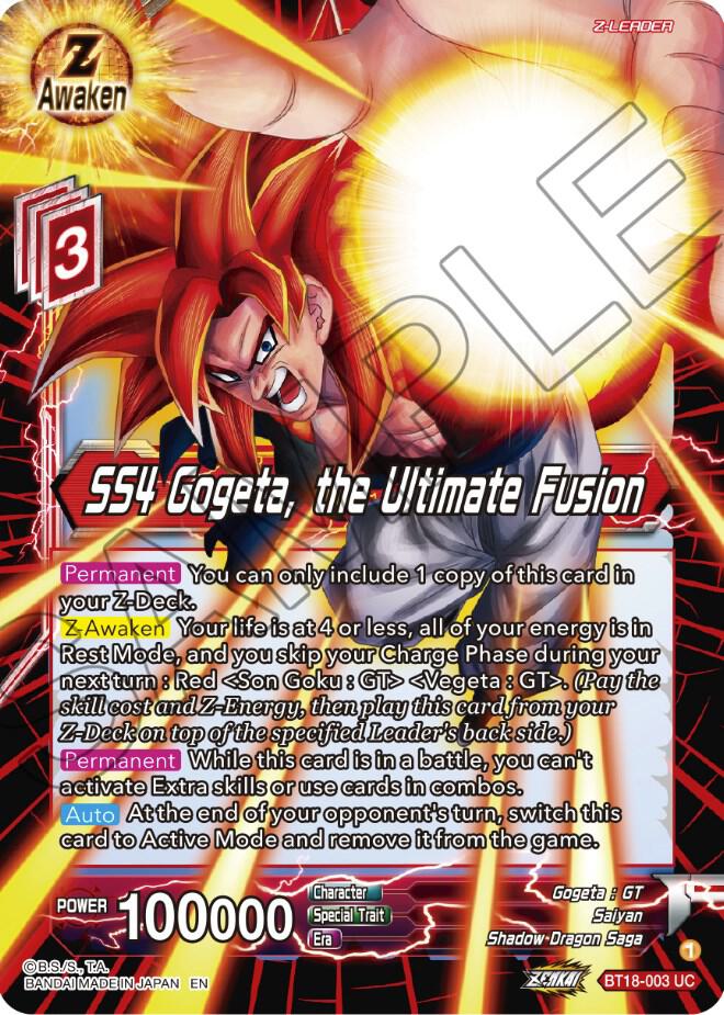 SS4 Gogeta, the Ultimate Fusion BT18-003 card from Dawn of the Z-Legends