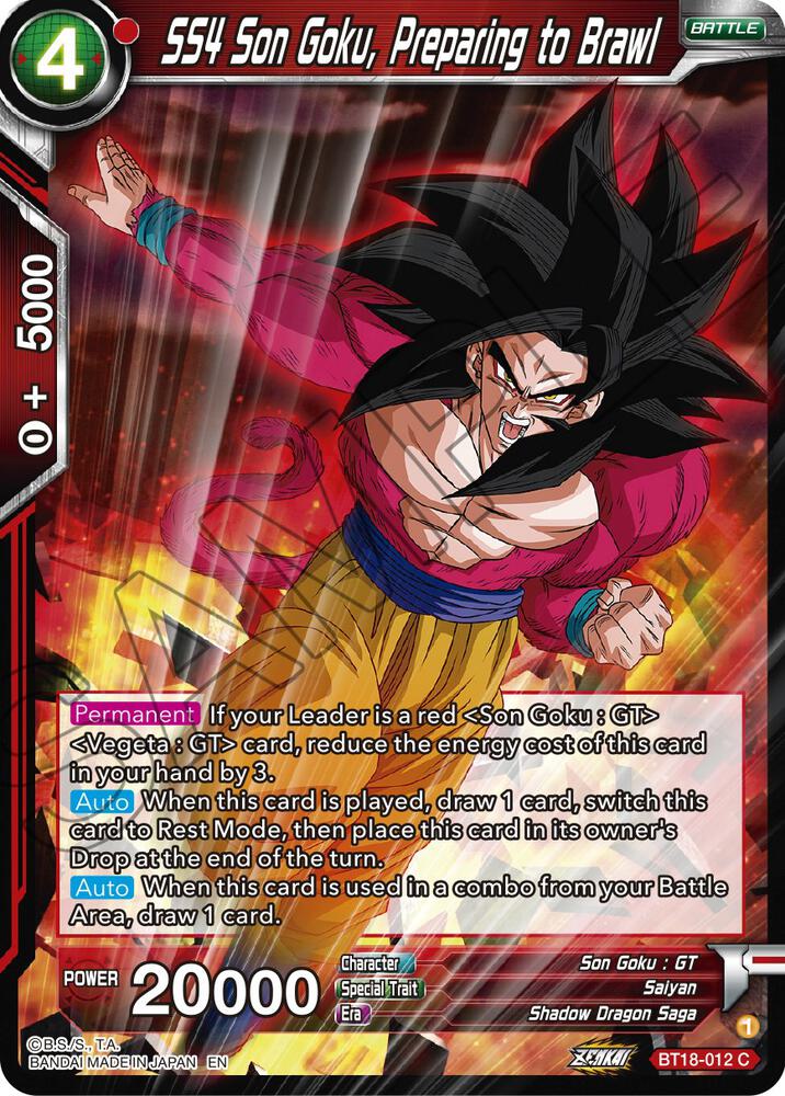 SS4 Son Goku, Preparing to Brawl BT18-012 card from Dawn of the Z-Legends