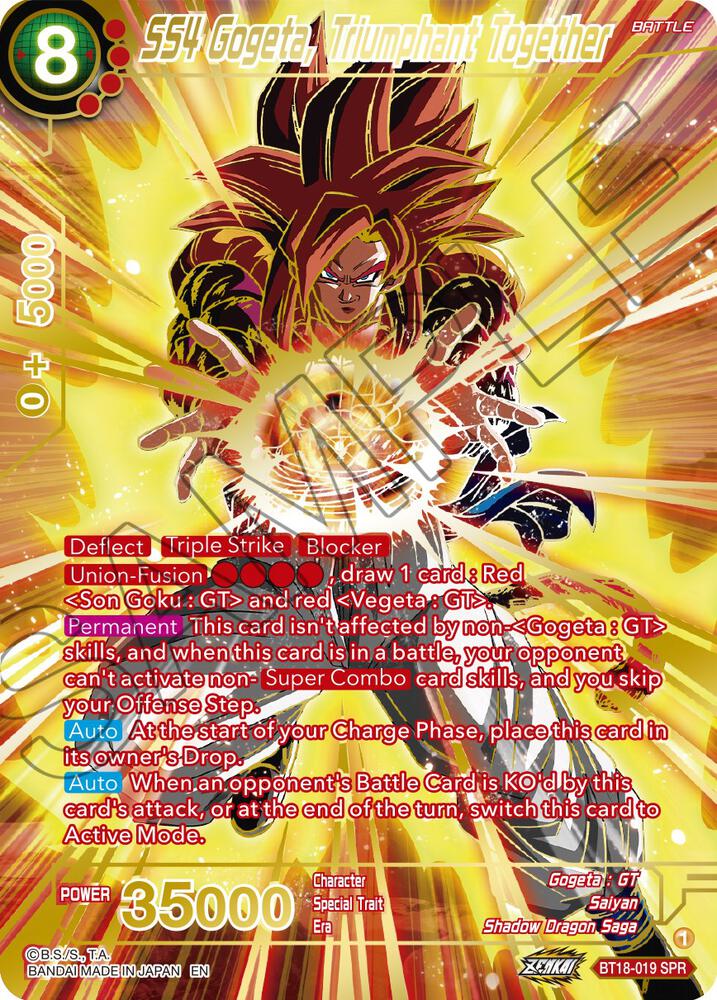 SS4 Gogeta, Triumphant Together (SPR) BT18-019 card from Dawn of the Z-Legends