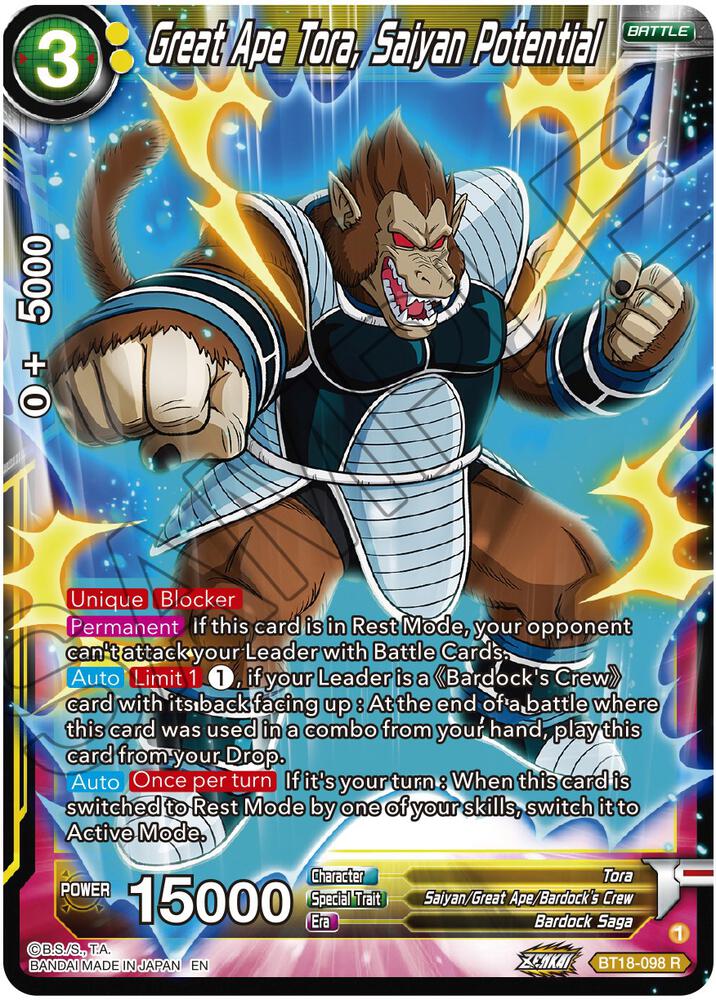Great Ape Tora, Saiyan Potential BT18-098 card from Dawn of the Z-Legends