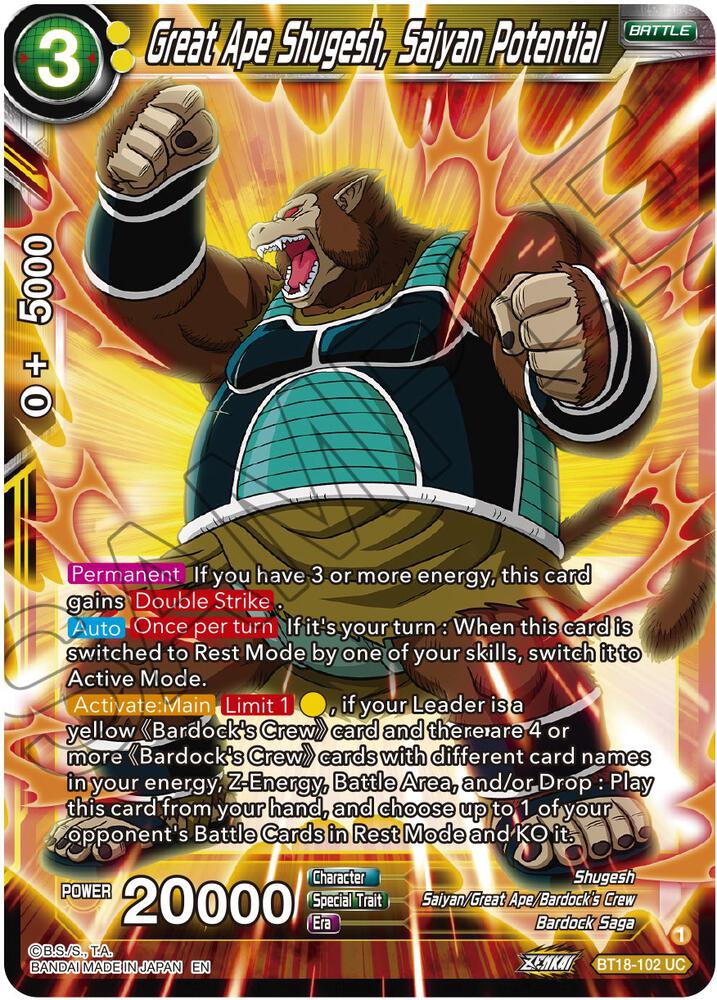 Great Ape Shugesh, Saiyan Potential BT18-102 card from Dawn of the Z-Legends