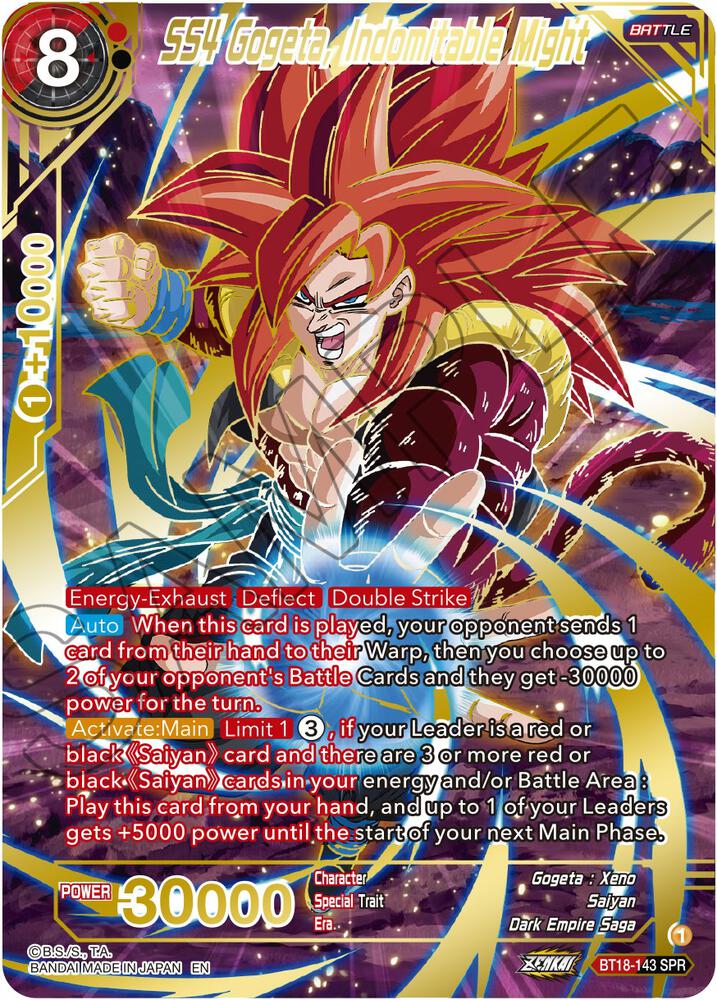 SS4 Gogeta, Indomitable Might (SPR) BT18-143 card from Dawn of the Z-Legends